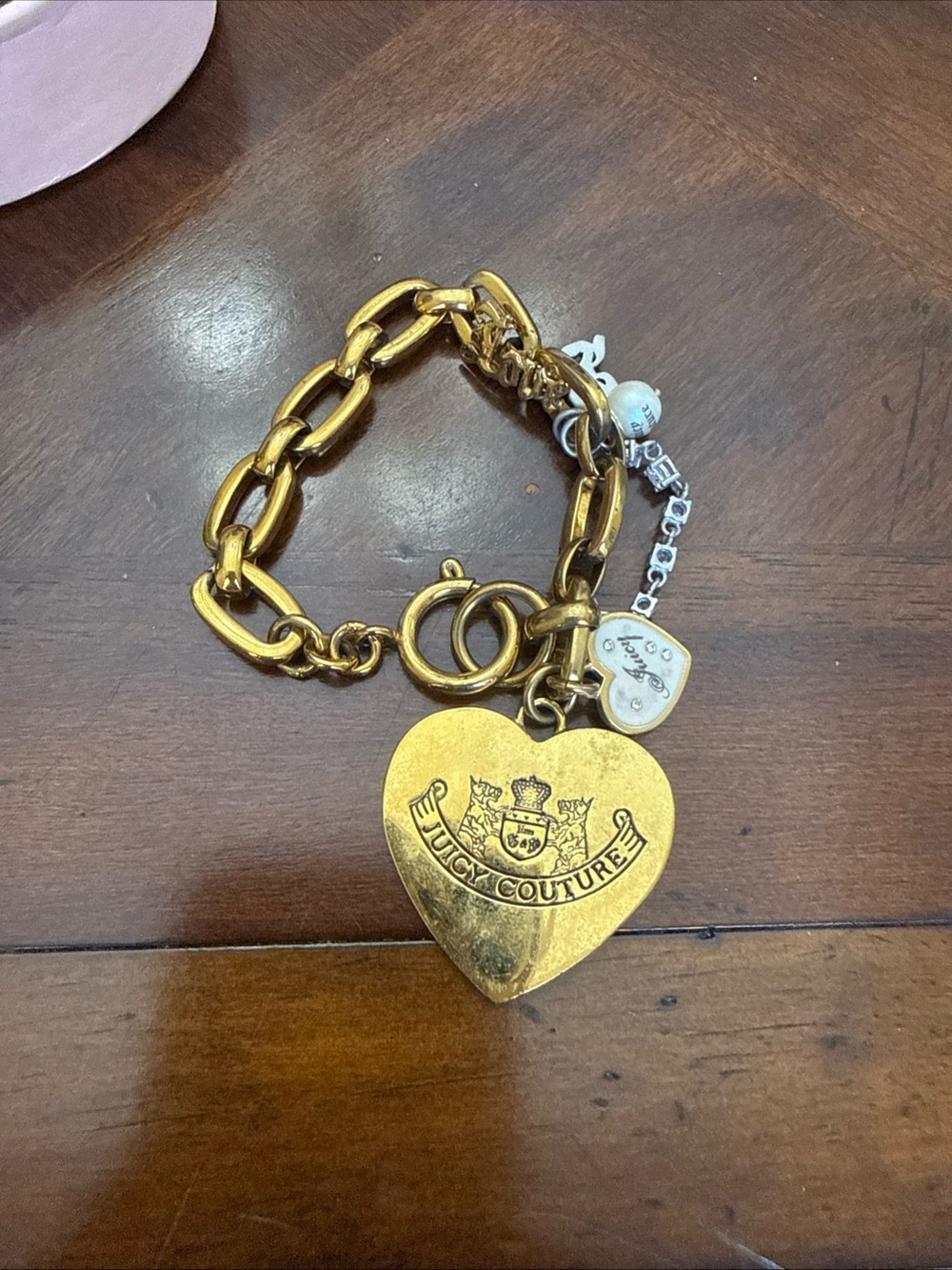 Vintage Juicy Couture Gold-Tone Heart Logo Charm Bracelet with Accent Charms